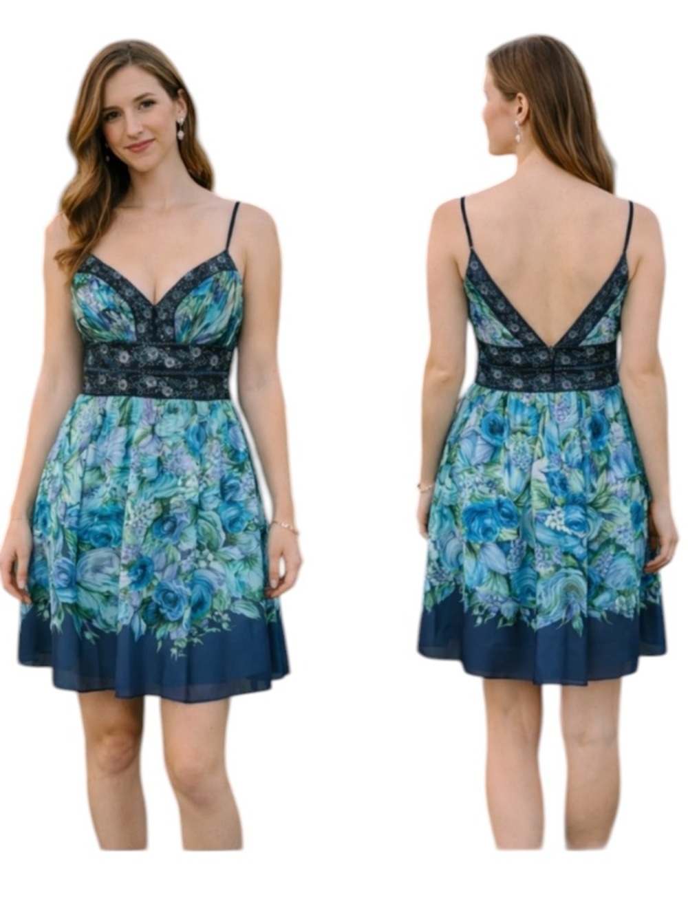 OC by OC Blue Floral Spaghetti Strap Silk Dress